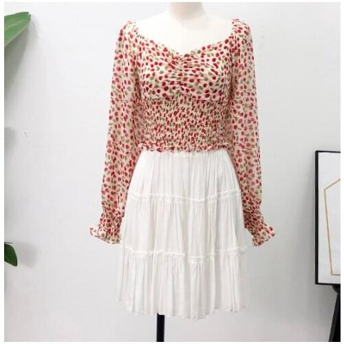Vintage Floral Chifffon Women Square Collar Off Shoulder Ruched Long Sleeve Shirt Summer 2021 New Elastic Waist Crop Tops