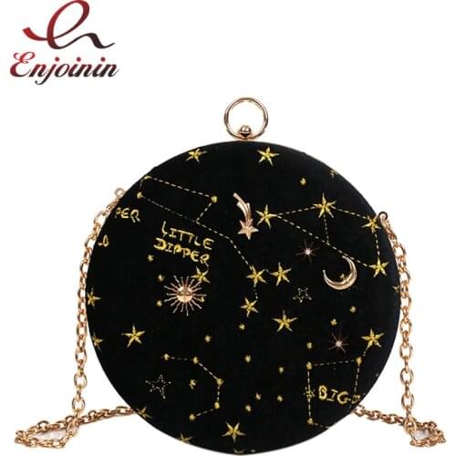 Embroidered Star Pattern Suede Round Women Fashion Shoulde Chain Bag Purses and Handbags Party Clutch Bag Crossbody Bag Pouch