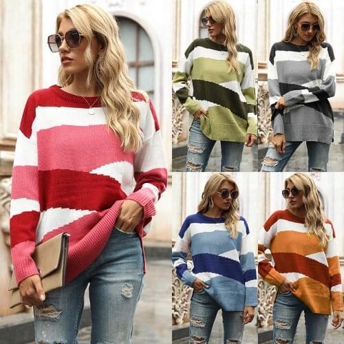 Striped Loose Ladies Sweater Pullover 2020 Autumn Winter New Arrival O Neck Long Sleeve Jumpers Knit Sweaters Women Pull Femme