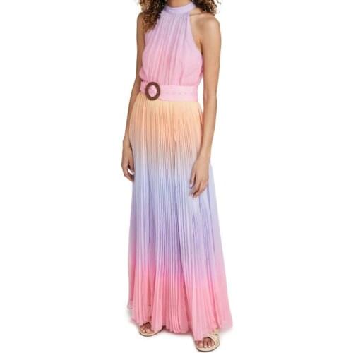 Rainbow Colors Halter Dress For Women 2021 New Summer X-long Party Dresses Sleeveless Back Hollow Sexy Pleated Dress Big Swing