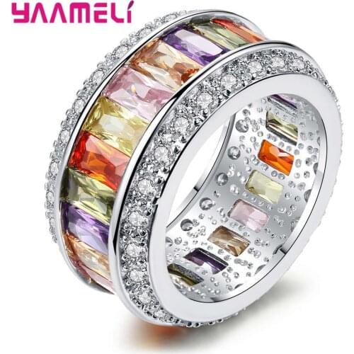 Luxury Colorful Genuine CZ Cubic Zirconia Rainbow Stone 925 Sterling Silver Rings For Women Fashion Wedding Engagement Jewelry