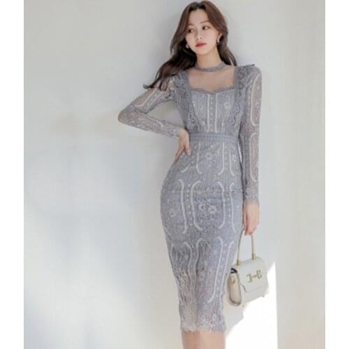 New Korean Luxuriy Sexy Hollow Out Lace Dress 2021 Spring High Quality Women Chic Elegant Business Party Dresses Vestidos
