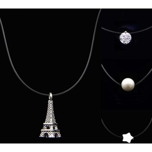 New Women Transparent Fishing Line Necklace Invisible Pearl Crystal Chain Necklaces Pendants Rhinestone Heart Choker Necklace