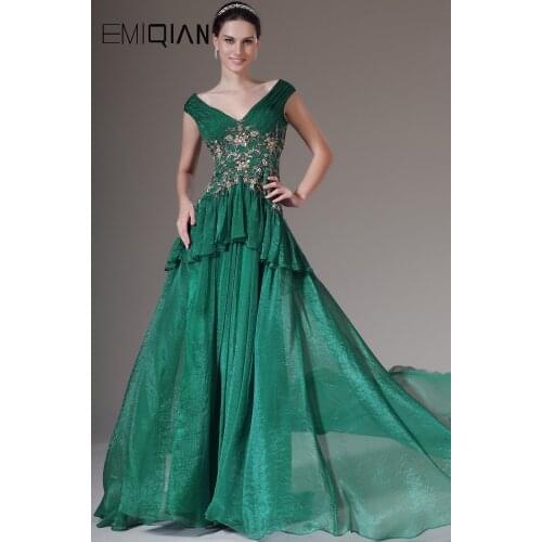 Freeshipping New Cap Sleeves V Neck Green Evening Gown Evening Dresses Fashion