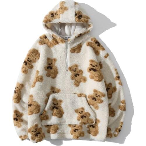 Winter Plus Velvet Hooded Sweatshirt Streetwear Hip Hop Harajuku Bear Print Half Zipper Pullover Hoodies Casual Tops Outwear Men