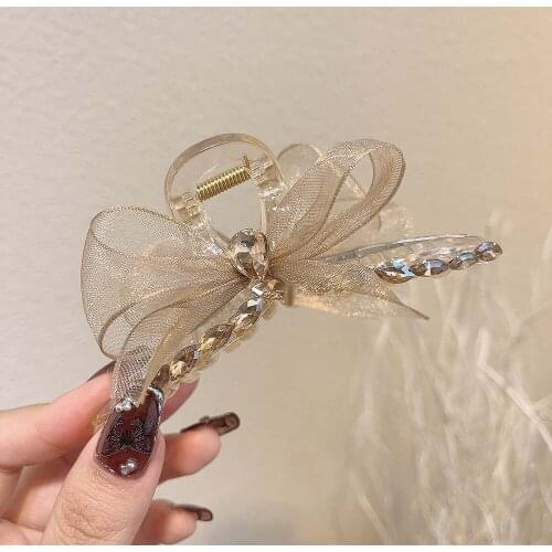 1 Pcs Elegant Mesh Bow Hair Claws For Women Girls Simple Temperament Shark Clip Shiny Crystal Hair Accessories