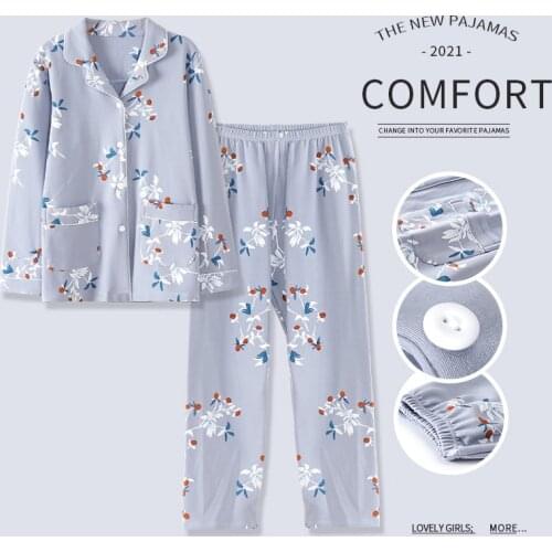 2PCS Print Women Pajamas Sets Sexy Turn-Down Collar Pyjamas Sleepwear Cotton Mother Sleep Suit Summer Large Size Home Nightwear
