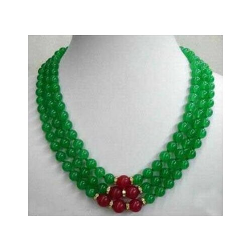 3Rows 8mm Genuine Green Jade & Red Ruby 3 Rows Necklace