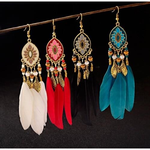 4 Color Ethnic Boho Feather Earrings For Women Tribe Lotus Gypsy Jhumka Gold Leaf Tassel Earrings Tibetan Jewelry Oorbellen