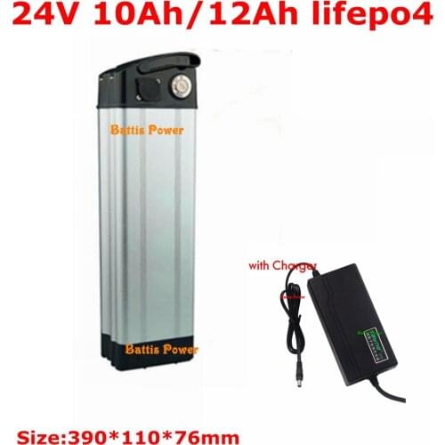 24V 12AH Lifepo4 battery 24V 10AH Lifepo4 Silver Fish bateria with BMS for 24V 350W 250W bicycle scooter ebike + charger