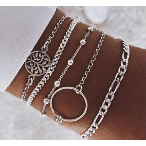 Bracelet Anklets Set metal chain Bead Round Tree Circle Charm silver plated Lobster Figaro Chain Fashion Women gift