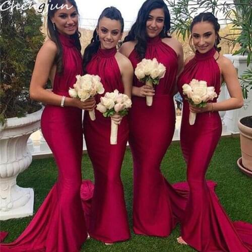 Chengjun High-Neck Women Plus Size Custom Mermaid Red Long Bridesmaid Dresses