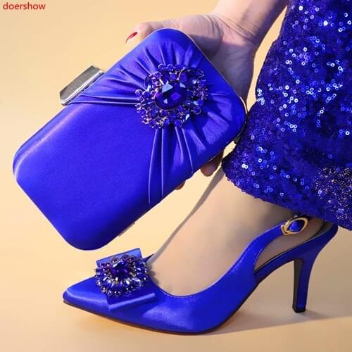 Doershow Nice Design blue Italian Shoes With Matching Bags Latest Rhinestone African Women Shoes and Bags Set For Sale !SXX1-8