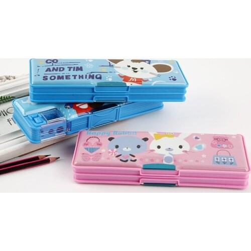 Double Layer Square Cartoon Sharpener Pencilcase Creative Student Stationery Plastic Pencil Box Case Children Prize Party Gift