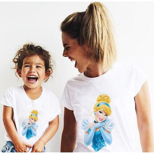 Disney Cartoon Princess Mommy And Me T Shirt Summer Short Sleeve White O-neck Baby Girls Daughter Tshirts Family Matching Outfit