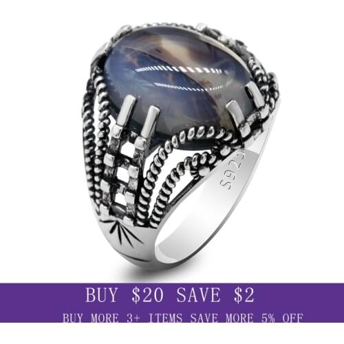 Genuine 925 Silver Mens Ring Natural Agate Stone Mysterious Style Vintage Wedding Jewelry Gift Claw Hollow Out Design Rock