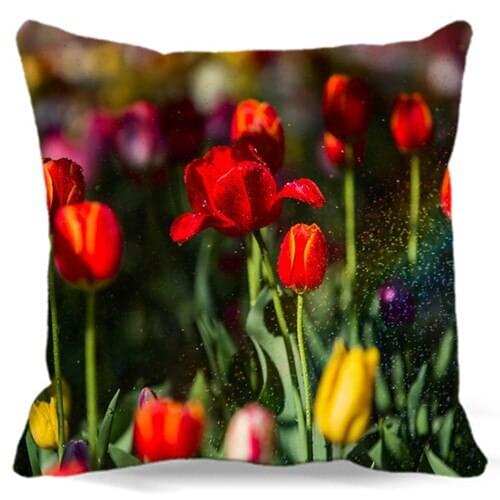 Red Yellow Tulips Flowers Pillow Case Chair Waist Cotton Polyester Pillow Cover