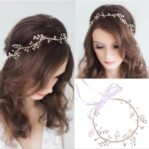 Vintage Ribbon Wedding Headband Crystal Prom Bride Hair Band Rhinestone Bridal Head Piece Gold Tiara For Accessories Party