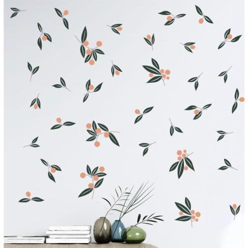 Orange Fruit Small Green Leaves Wall Sticker Home Decoration Wallpaper For Kids Living Room Bedroom Background Decor Wall Decal