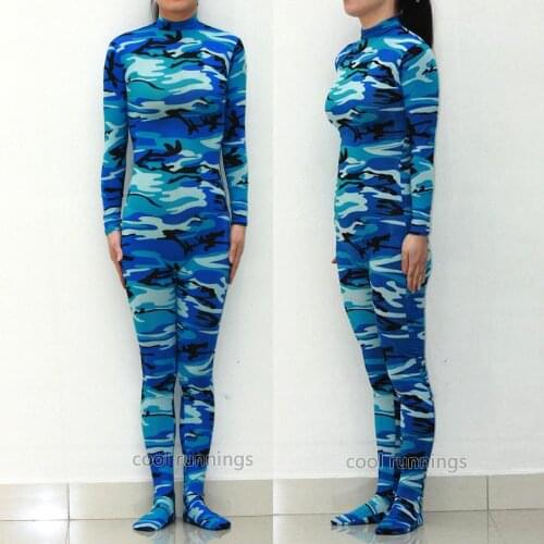 Fancy Dress Party Blue Camo Unisex Spandex Zentai costume dancewear Unitard Bodysuit No Hood & Hands