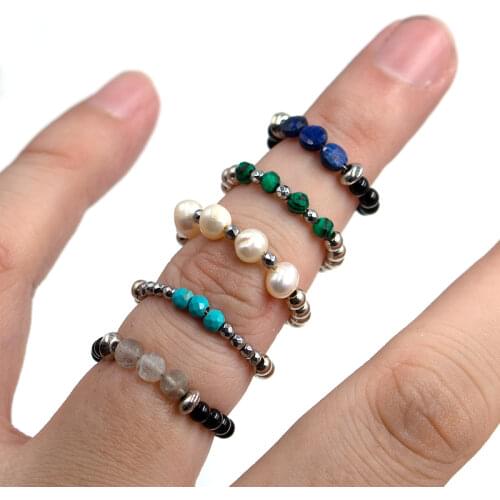 Korean Fashion Natural Stone Crystal Rings Set For Women CCB Beads Handmade Pearl Ring Bohemian Jewellery Accessories