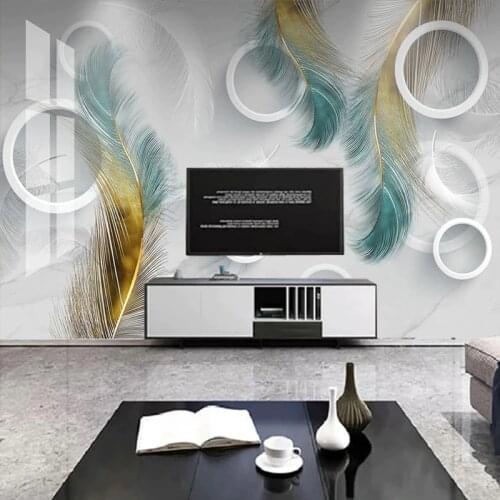 Custom Mural Wall Painting Grey Marble Blue Golden Feather 3D Circles Modern Living Room TV Background Wall Papers Home Decor