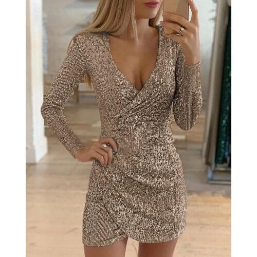 Plus size Autumn solid Color Sexy Mini Dress V Neck Bag Hip Irregular Sequin Dress 9 Colors Fashion Party Party Womens dress