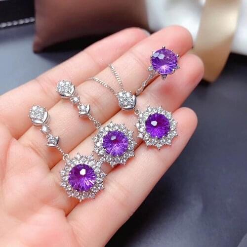 Engagement Best Gift Natural And Real Amethyst Jewelry set 925 sterling silver 1pc Ring,1pc Pendant,2pcs Earring