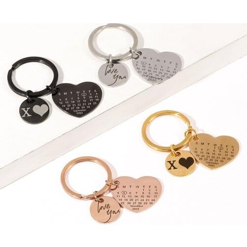Personalized Custom Calendar Date Text Name Initials Keychain Metal Alloy Heart Shape Engraved Keyring Graduate Anniversary Gift