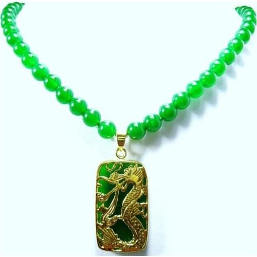 Fine 8mm green natural stone /mixed white pearl necklace +lucky dragon pendant