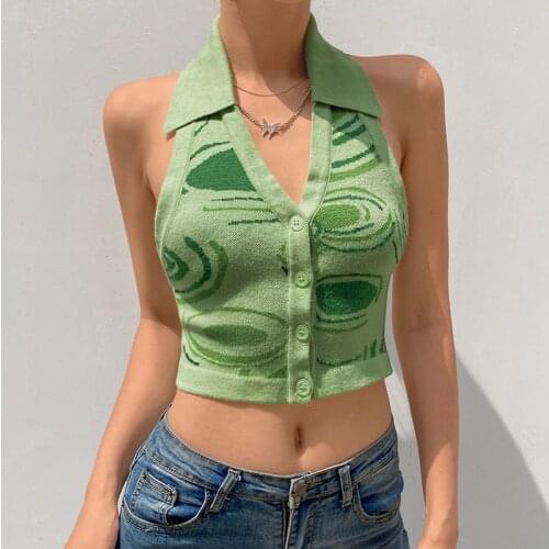 2021 Paisley Print Backless Crop Tops Women Summer Sexy Casual V Neck Sleeveless Vest Top Women‘s Knitted Slim Cardigan Tank Top