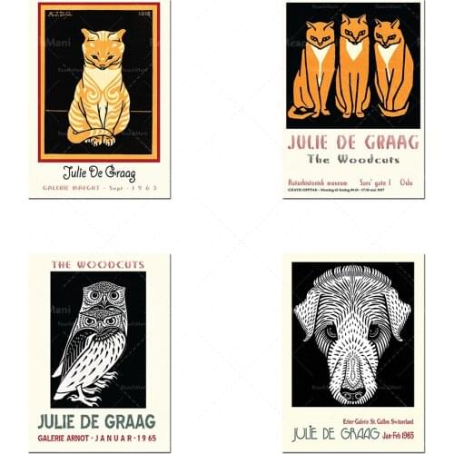 Julie De Gragg exhibition museum poster, vintage animal art prints, owl cat and dog wall decoration painting