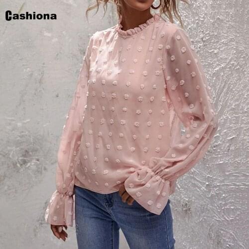 Cashiona Plus Size Women Elegant Leisure Blouse 2021 New Summer Flare Sleeve Dot Print Transparent Shirt Blusas Ropa Mujer Femme