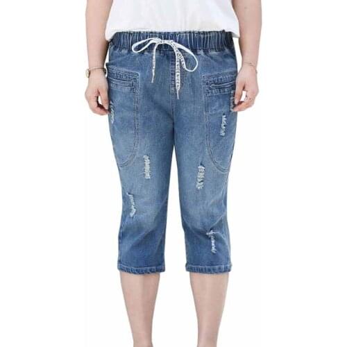 2019 fashion Plus size 4XL-8XL summer jeans women Hole Elasticity denim casual pants female Washed cotton Calf-Length Pants G360