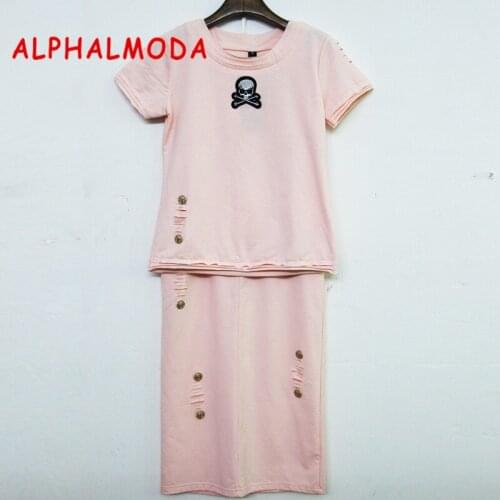 ALPHALMODA Women Sports Suits Broken Hole Short-sleeved Tshirts + Straight Skirts 2pcs Casual Clothes Set