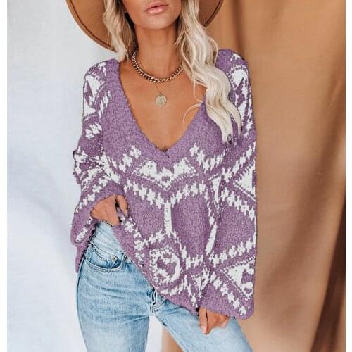 Women Casual Geometric Printed Knitted Sweater Long Sleeve Sexy V neck High Street Warn Pullover 2021 Autumn New Fashion Sweater