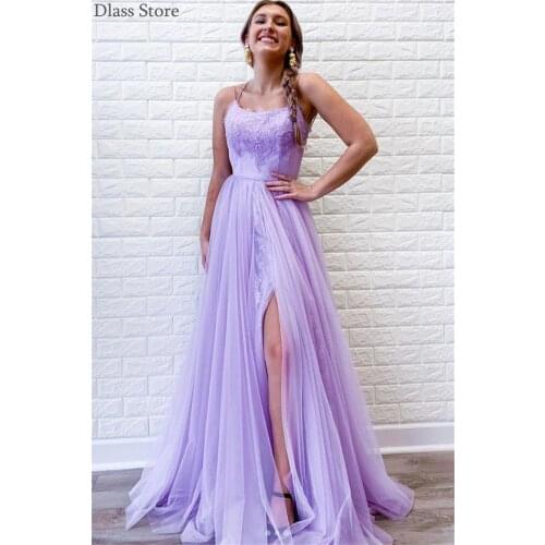Purple Prom Dress Scoop Neck Spaghetti Straps Sexy Split A-line Floor Length Appliques Beaded Evening Dress فساتين السهرة