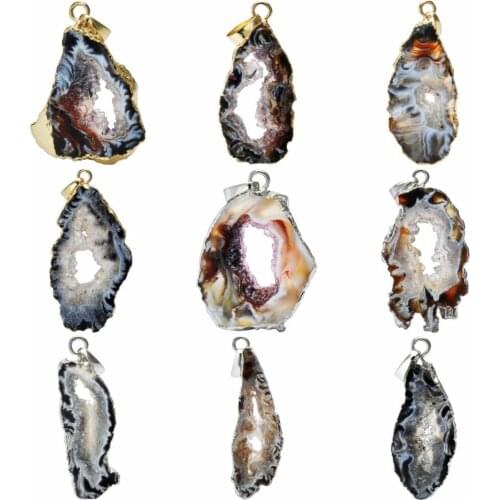 SUNYIK 1Pc Natural Crystal Geode Slice Drusy Druzy Gem Stone Irregular Pendant Fit Necklace (Free Chain)
