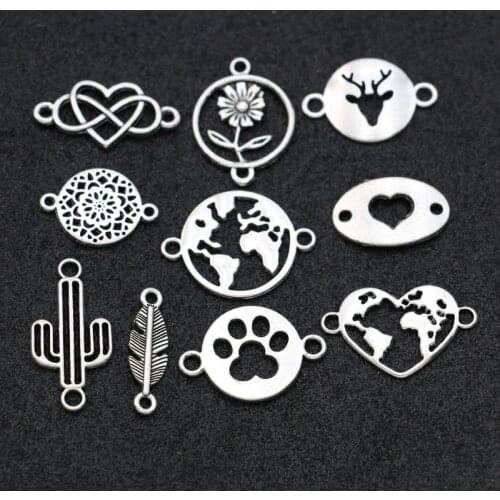 20pcs Antique Silver Plated Map Heart Charms Connector for Jewelry Making Bracelet DIY Accessories Craft Mix