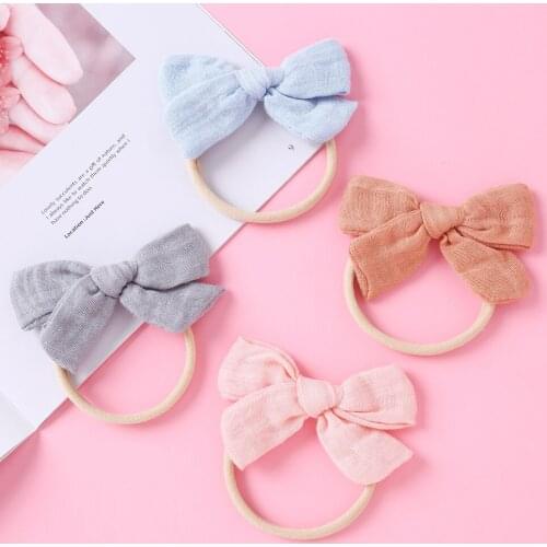 2021 New Super Soft Muslin Linen Bows Nylon Hairbands Newborn Baby Girls Knot Hair Bands