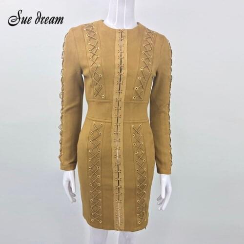 2020 Women Spring Faux Suede Dress Brown Lace Up Detail Long Sleeve Lady Celebrity Cocktail Party Dress HIGH QUALITY Retro Dress