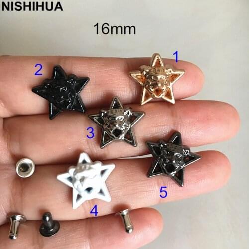 50 set - Metal Star Leopard Head Spike Rivet Studs 16mm Gold Silver Black White Zinc Alloy Repair Rivets For Boots Bags