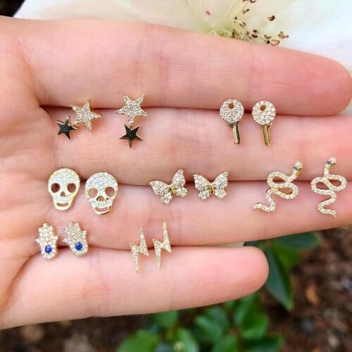 7 Pairs /Set Boho Stars Butterfly Key Skull Hand Earrings Set Women Punk Stud Earring Personality Party Bohemian Wedding Jewelry