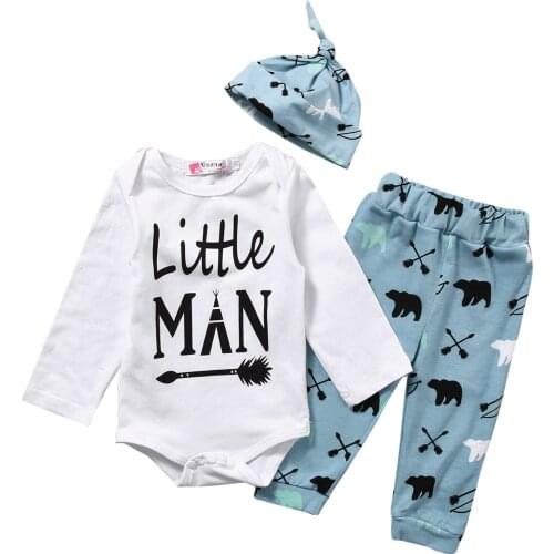 3 pieces Little Man Print Long sleeve Bodysuit,Cartoon Pants with Hat Set For Baby Boy Clothes
