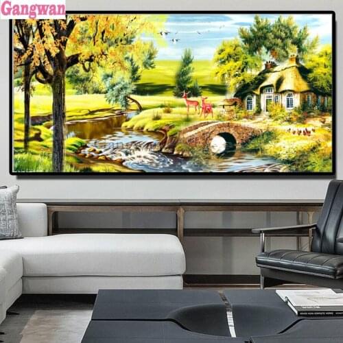Big size Handmade diamond painting natural village view painting 5d diamond embroidery mosaic Painting lake tree deer home Decor