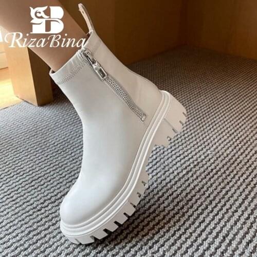 RIZABINA Ankle Boots Women Shoes Real Leather Short Boots Thick Heels Zipper Winter Autumn Fashion Female Footwear Size 34-39