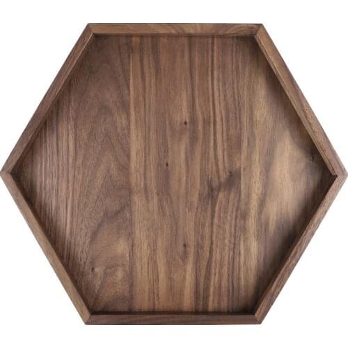 Black walnut creative hexagonal solid wood tea plate, high grade coffee shop, restaurant, wooden tray, afternoon tea plate