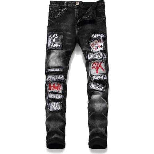 New Mens male letters embroidery badge patchwork black jeans Fashion streetwear slim holes ripped denim pants trousers