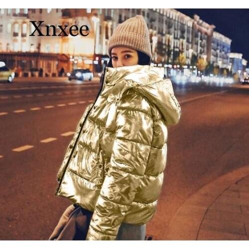 Cool Hot Sale Winter Thick Warm Parkas Coats Fashion Silver Hooded Pockets Padded Cotton Parkas Jackets Casual Female Outwear