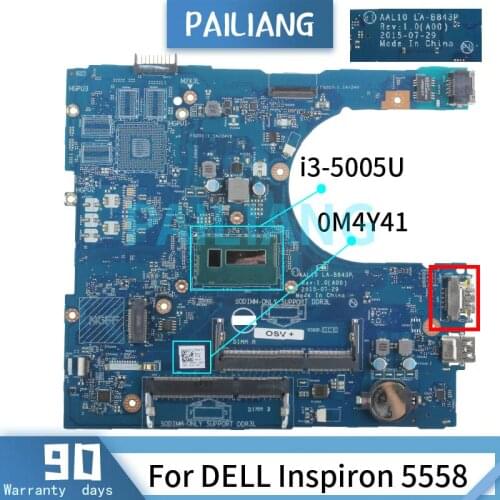 PAILIANG Laptop motherboard For DELL Inspiron 5558 i3-5005U Mainboard LA-B843P 0M4Y41 SR27G DDR3 tesed